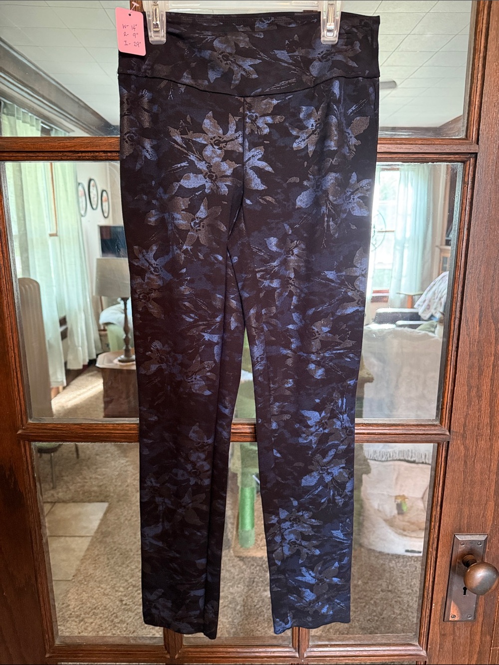 Carmen Marc Valvo Black Leggings with Blue Floral Print